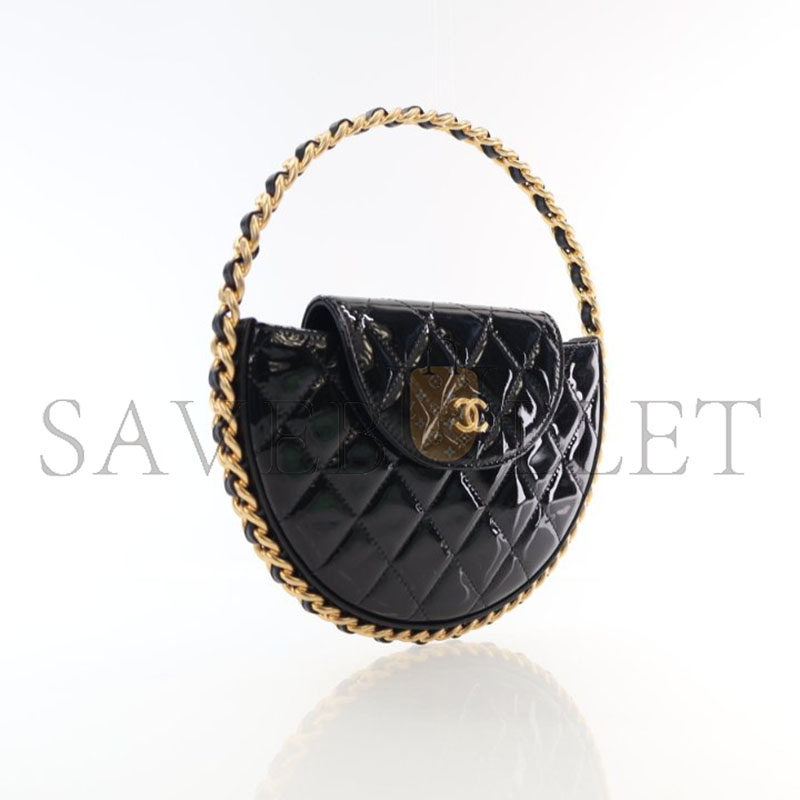 CHANEL PATENT CALFSKIN QUILTED CHAIN HOOP BAG BLACK AP3585 (23*23*3cm)